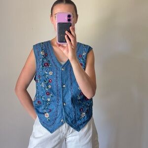 Vintage Embroidered Floral Denim Vest Women’s Size Large 12/14 Bobbie Brooks